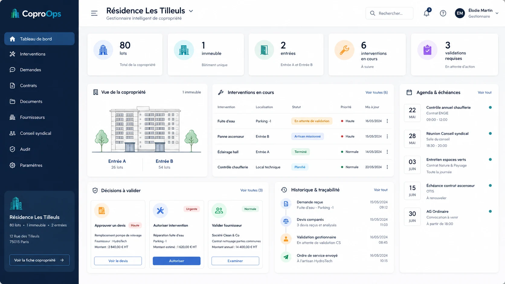 Tableau de bord produit CoproOps de la Résidence Les Tilleuls, avec les vues copropriété, interventions, décisions, traçabilité et échéances.