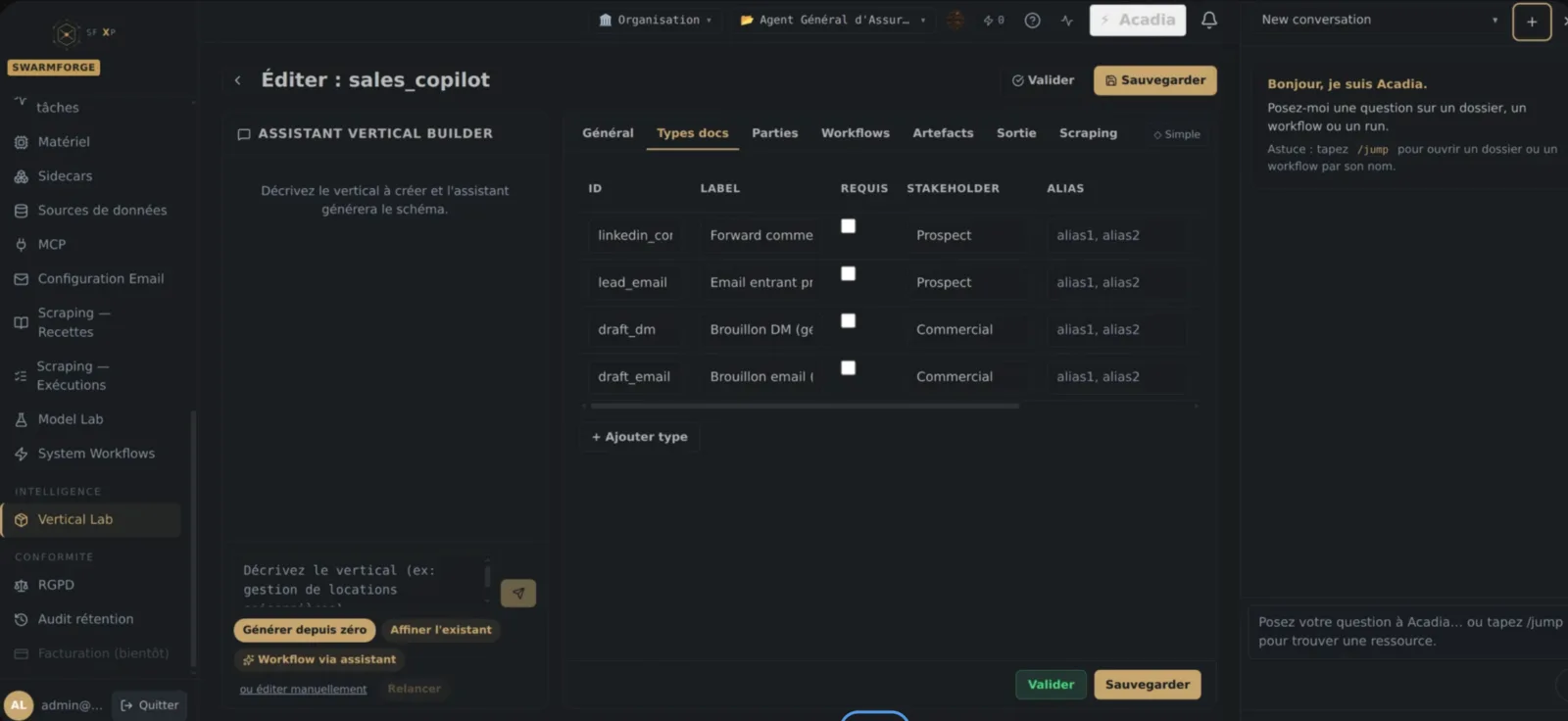 Vertical Lab : l'assistant qui configure les types de documents d'un nouveau vertical (ici "sales_copilot").